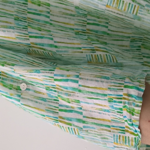 APNY Linen Abstract Geo Green And White Print Roll Tab Sleeves Women's Top XL - Picture 3 of 5